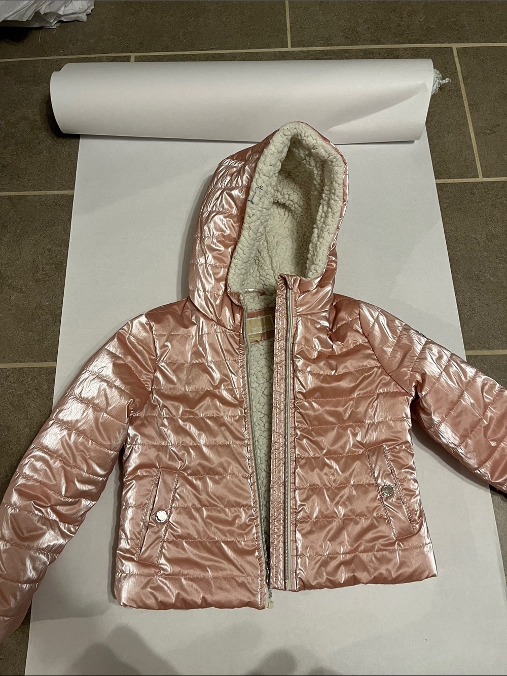 Girls' Shiny Pink Hooded Puffer Jacket with Sherpa Lining